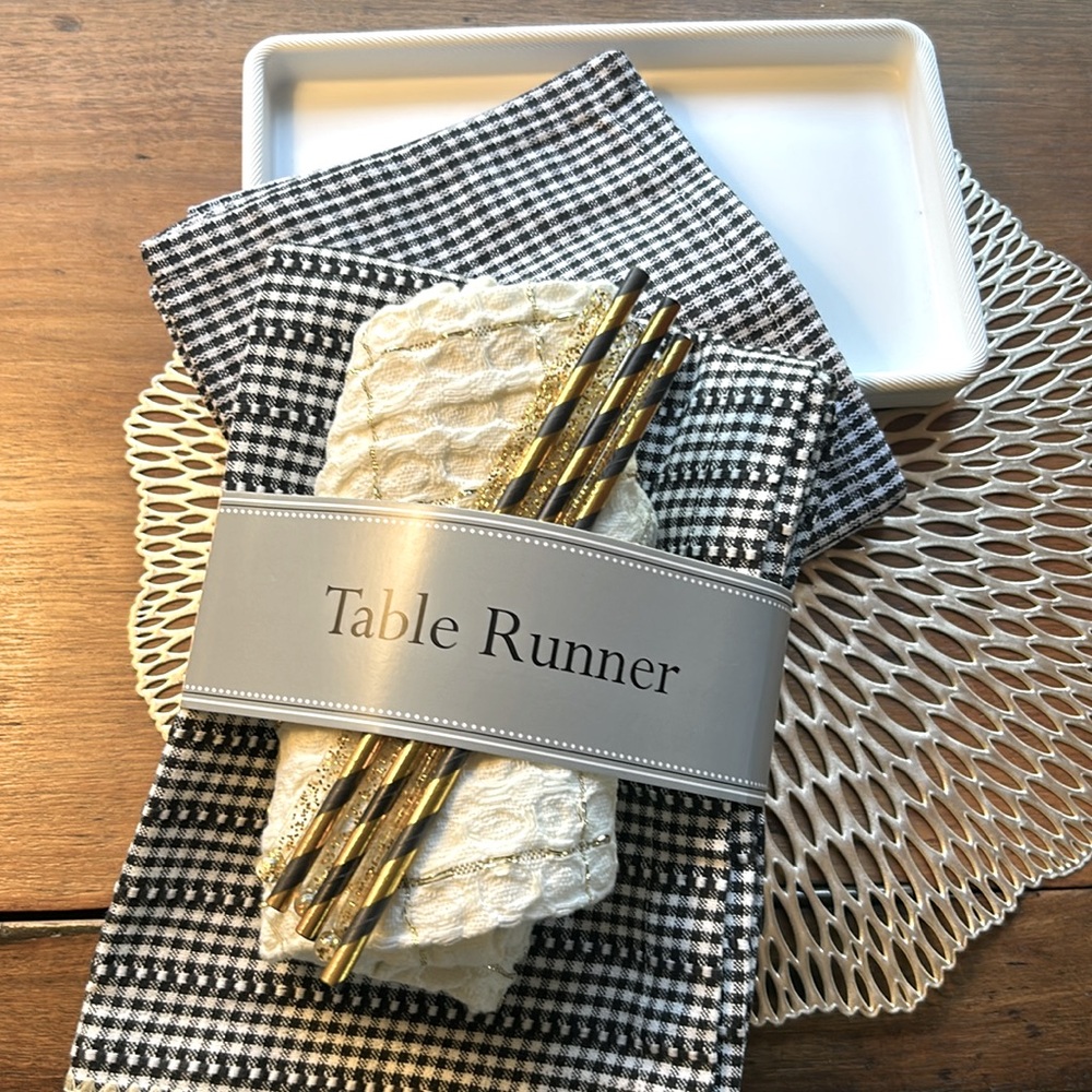 Gingham Table Runner Black + White 14 x 108 Inches Tablescape Black Gold  NEW!
